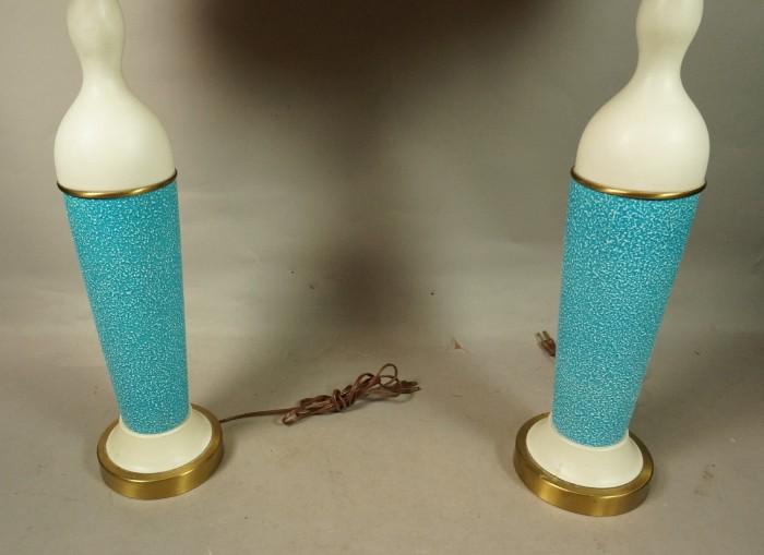 Lot 795  -  Pr Turquoise & White Pottery Decorator Modernist Lamps. Gold metal base. Matching custom shades. -- Dimensions:  H: 42 inches: W: 16 inches --- 