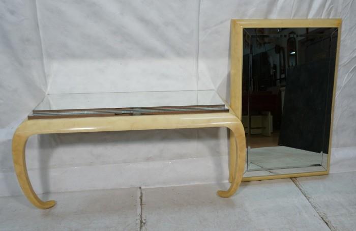 Lot 796  -  CARL SPRINGER style Console Table & Wall Mirror Set. Lacquered Finish. Table has stepped mirror top. -- Dimensions:  H: 29 inches: W: 60 inches: D: 19.5 inches --- 