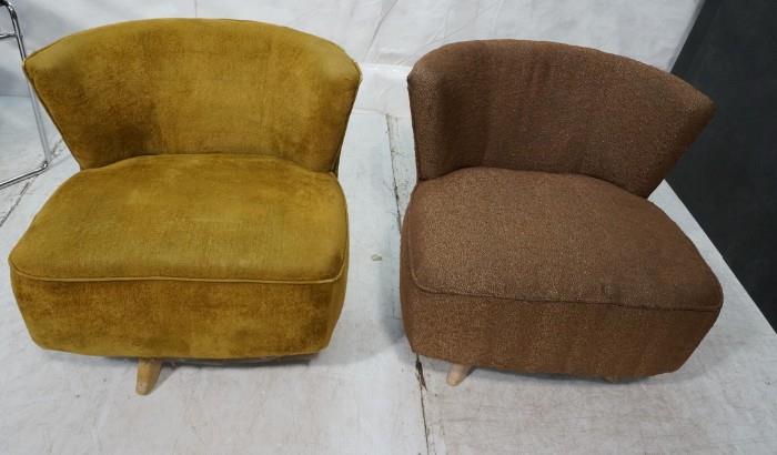Lot 797  -  Pr French style Upholstered Swivel Lounge Chairs. Wood Feet Bases. Upholstery does not match. -- Dimensions:  H: 26 inches: W: 28 inches: D: 28 inches --- 