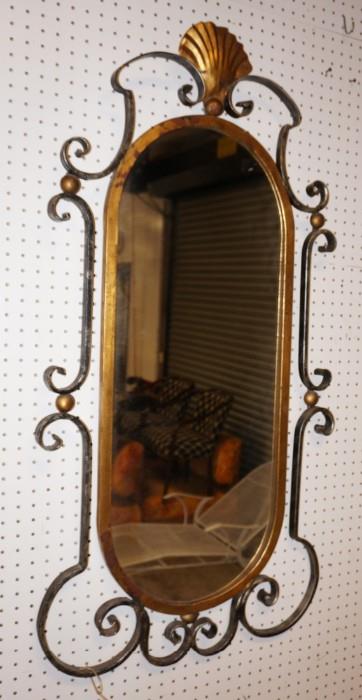 Lot 802  -  Decorator Iron Wall Mirror. Shell crest with scroll & ball designs-- Dimensions:  H: 48 inches: W: 25 inches --- 
