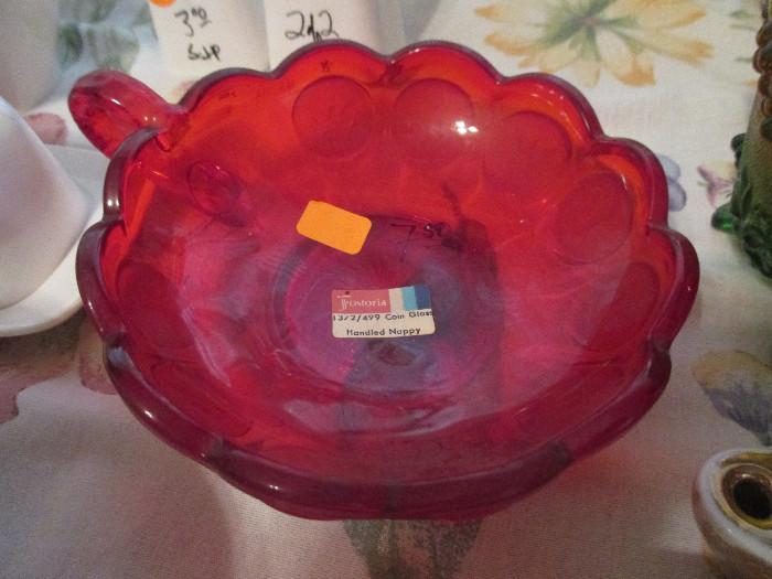 Fostoria Glass, one of America's leading glass houses of the 20th century.  This is the Coin Dot pattern in Red.  Notice the original Fostoria paper label is still attached