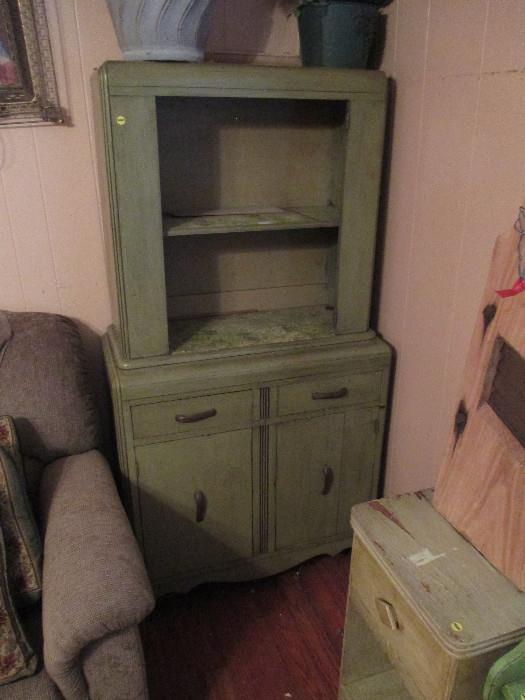 1930's deco green painted China Hutch Cabinet with original hardware