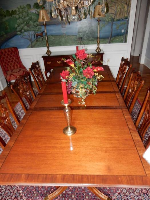 10' Banded Mahogany Dining Table & 8 Chippendale Style Chairs