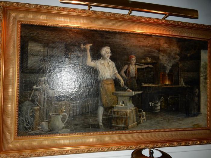 Very Early George Washington blacksmithing. Huge at 28" x 56". This painting is very old. Has been cleaned and ready for more centuries. $6000