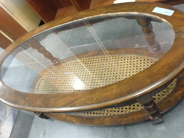Oval Wooden Glass Top Coffee Table with Wicker Bottom