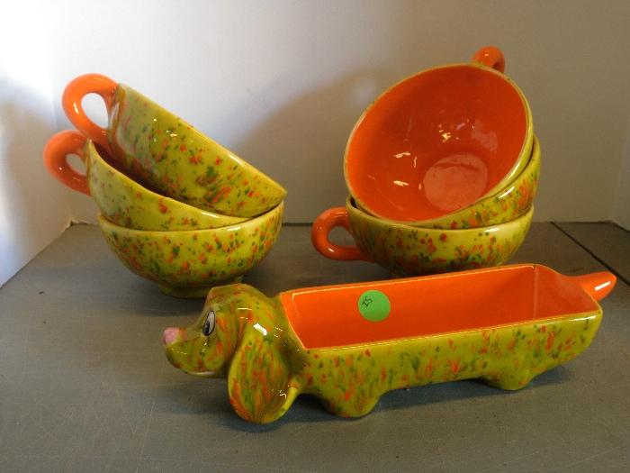 Orange and Green Coffee Mugs and Matching Butter Tray