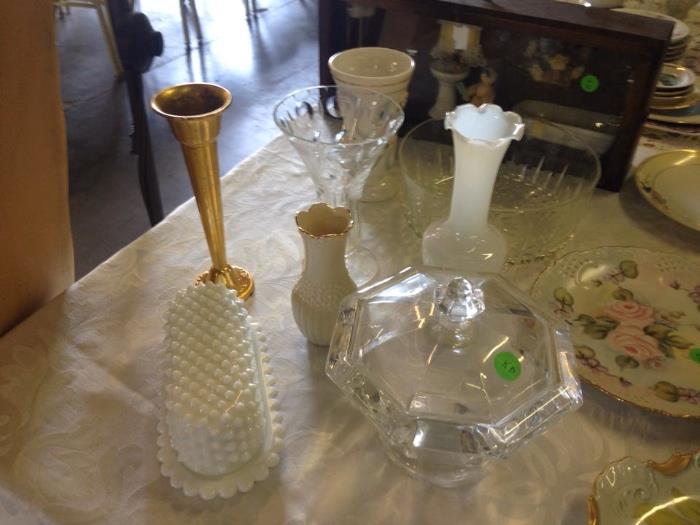 Various Items - Glass Candy Dish, Milk Glass Butter Tray, Vases and more! 