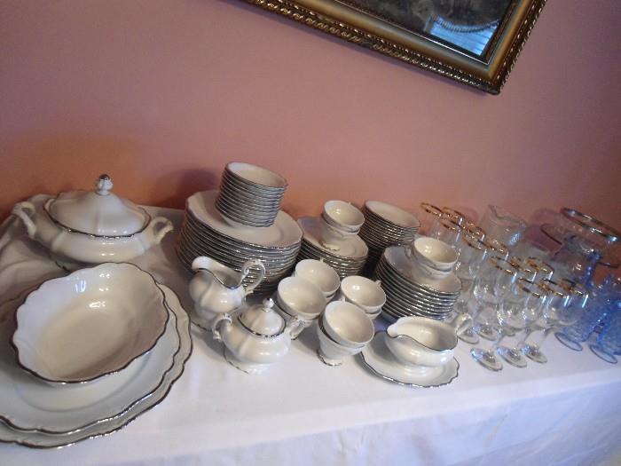 Bavaria Germany...White with scalloped Silver ...China Set....Glassware, matching pitchers/glasses, etc.