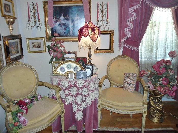 Vintage upholstered Italian Chairs, artwork, frames, hanging lights, lace/linens, floral arrangements, etc.