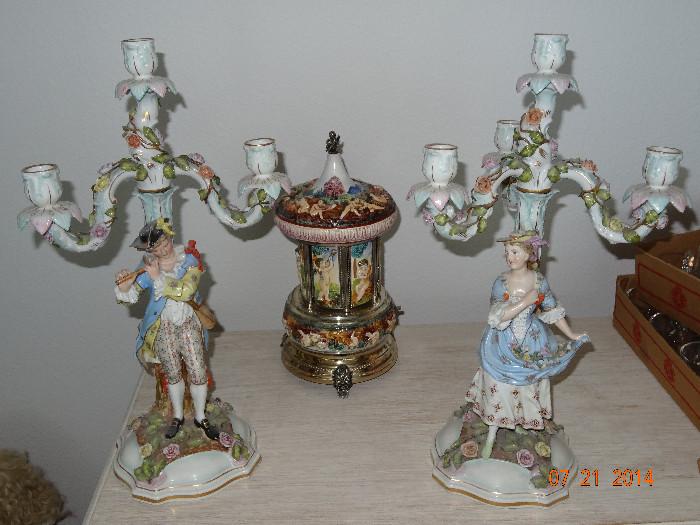 Pair of porcelain, figural, multi arm candleabrum