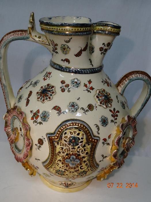 Zsolnay-Fischer, signed, large handled vase/ewer