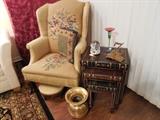 Wing back chair with footstool, spittoon, nesting book side tables