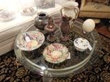 Italian pottery, glass top coffee table