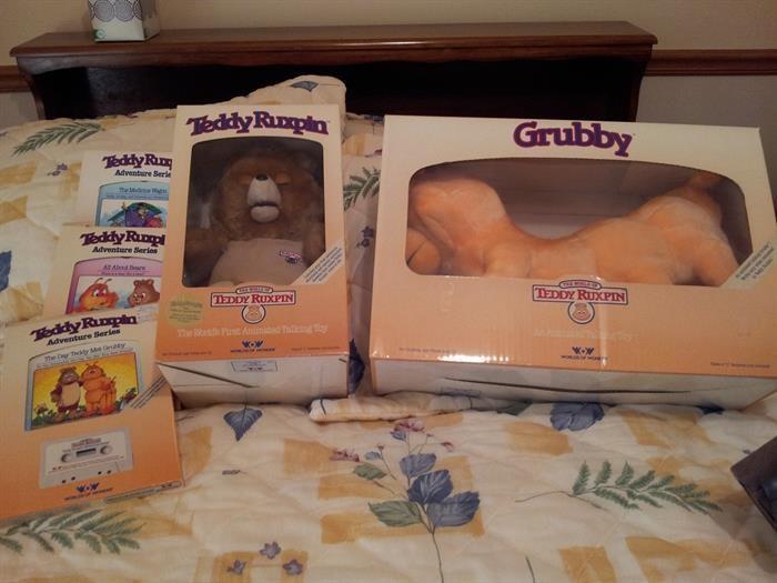 Brand new Teddy Rumpkin with three cassette books and his pal Gruppy... never out of original boxes