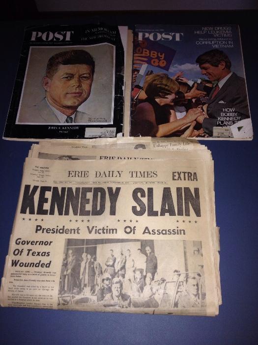 November 23, 1963 Erie Times News paper, Saturday Evening Post after JFKs death and a Saturday Evening Post 1 year prior to death!