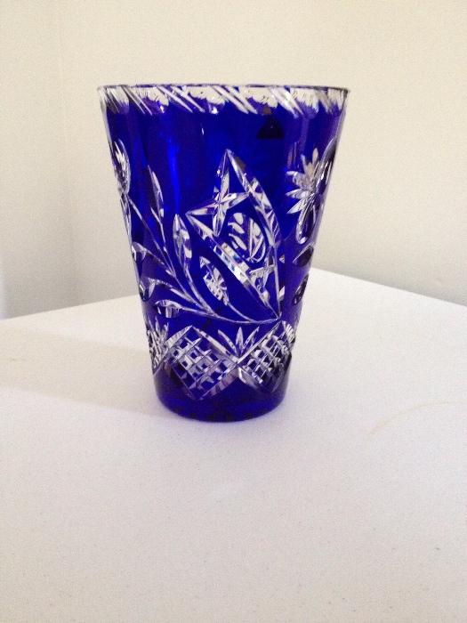 Cobalt blue cut to crystal Bohemian vase