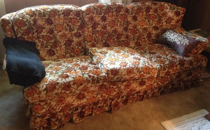 1960s Floral sofa and loveseat, Brown throw pillow