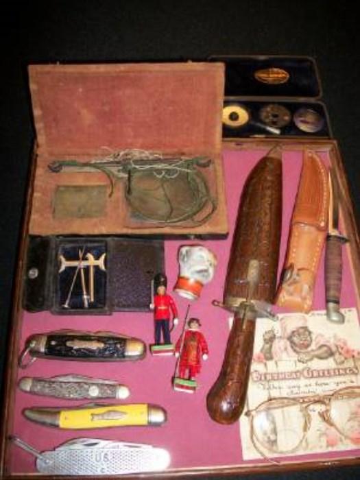 Antique scales, medical items in cases, knives, etc.