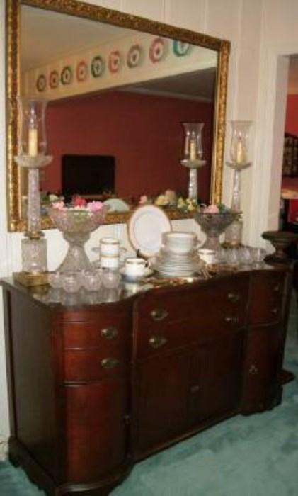 Vintage ox bow mahogany server and ornate gilt mirror