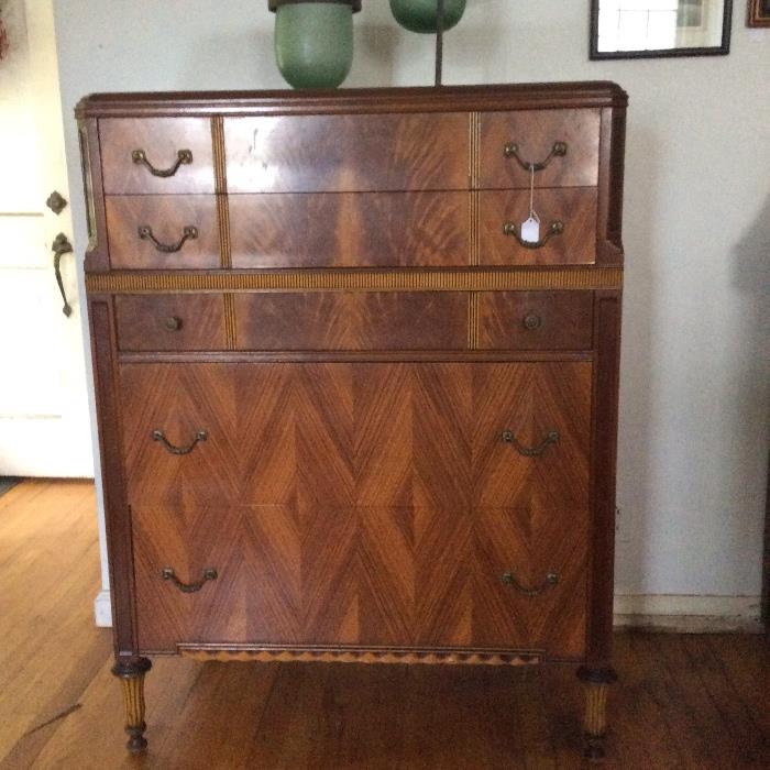 1950's waterfall bedroom set $650. Bed frame (full size head and footboards), wide dresser, vanity & round mirror, bench 