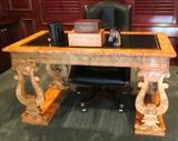 Baker Burl Wood Desk with Black Leather Inlay; Black Leather Desk Chair