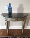 William Switzer Demi-Lune Table with Marble Top; Antique Blue White Porcelain Vase