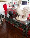 Ross Benedon Custom Iron and Glass Console; Red Murano Glass Lamp