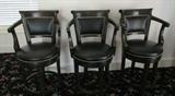 3 Alder Swivel Barstools in Black Italian Leather with Nail heads and Black Walnut Finish