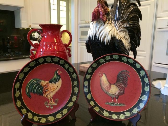 Set of Four Rooster Plates, Red Vietre Vase, Vietre Rooster