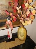 Japanese Doll and Asian Yellow Vase with Decorative Orange Dried Flowers