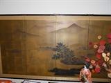 Asian Wall Panel and Japanese Doll (the doll has a very large glass case), Asian decorative dried flowers