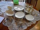 Lennox-Olympia Place, 10 dinner plates, 10 salad plates, 10 dessert plates, 10 tea cups, 1 serving dish, 1 gravy boat, 2 large round serving platters; Glass with Silver: cream and sugar, oblong server, oblong candy dish, 2 round servers, 1 beveled serving dish