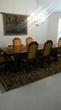 Gorgeous 108" Mid-Century tressel table with 6 chairs.  Excellent condition.  Will start at $2200.  Rug starts at $700. 