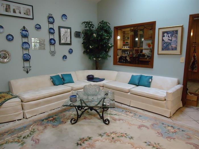 Mid-Century Modern Sectional Sofa: Glass & Iron Coffee Table: Chinese Rug: Original Art