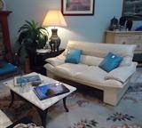 Pr. Mid-Century Leather Love Seats: Marble & Iron Coffee Table: Pr. Ceramic Lamps