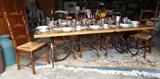 Pine & Iron Harvest Table: 6 Ladderback Chairs with rushed-seats : 10' x 14' Chinese Rug