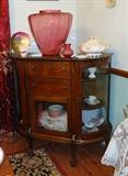 Victorian Oak Demi-lune Display Cabinet: hand-painted Limogue plates: art glass