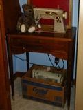 Vintage Singer Sewing Machine in Teak Cabinet: Sears Kenmore Machine