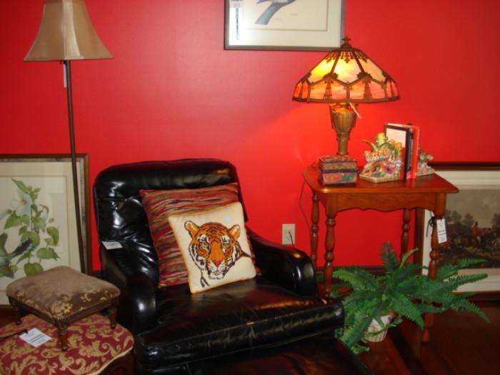 Leather chair & ottoman, another lamp