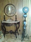 Beautiful 5' Lamp.  Has been Electrified; in perfect condition!  Marble top table.