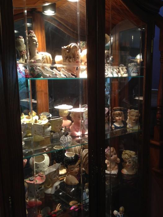 Vintage Lady Head Vases and Curio Cabinet