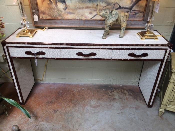 Beautiful "Brand New"  Never used linen tweed fabric console with leather trim and custom nailheads. $1595.
