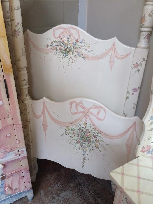 Hand painted little girls twin bed.  Paid $5,000 my price $595.  Would go great in a Shabby Chic home.