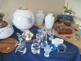 Oreforrs and other glass figures, paper weights, milk glass vases