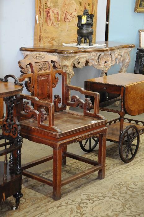 Carved Chinese chair, rolling tea cart 