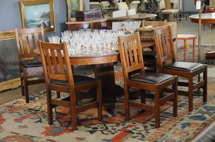 Arts and crafts table and chairs, crystal stemware