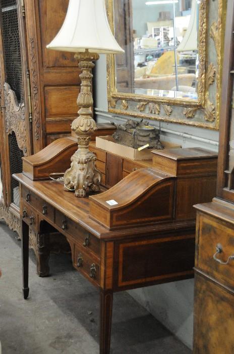 English desk, carved baluster lamp, wall mirror
