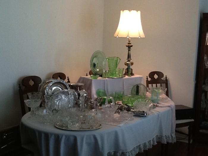  Dining Table w/ 6 Chairs and Leaf; Glassware; Depression Glass & Silverplate