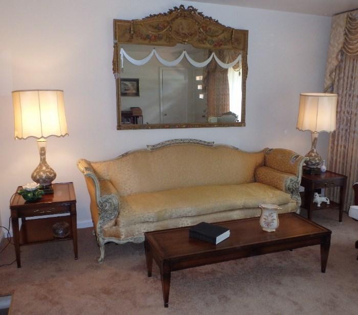 French Gold Gilt Mirror,  French Sofa, Hekman Tables