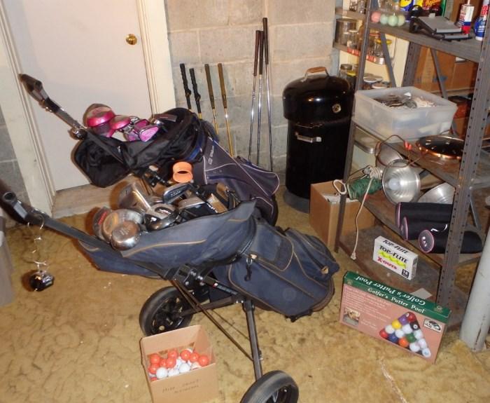 Golf clubs, Bags, accessories.  Smoker, Miscellaneous items.  